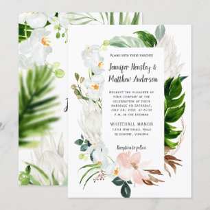Blush en Witte Waterverf Tropische Bloemen Bruilof Kaart