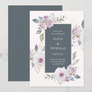 Blush en Zacht Violet Floral met grijs   Weddensch Kaart