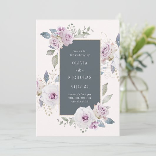 Blush en zachte violette bloem met grijs | bruilof kaart (Staand voorkant)