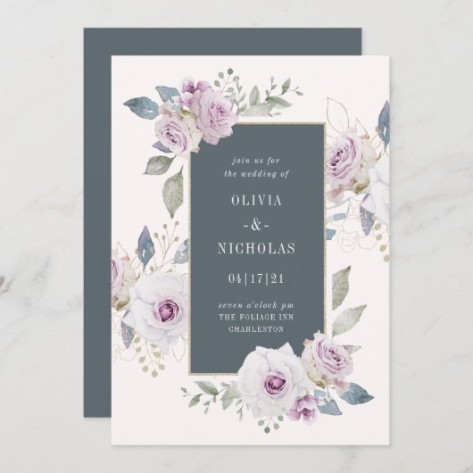 Blush en zachte violette bloem met grijs | bruilof kaart (Voorkant / Achterkant)
