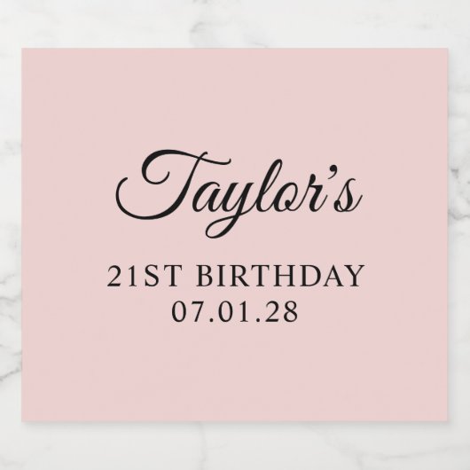 Blush en zwart Elegant Script 21e verjaardag Likeurfles Etiket (Enkel label)