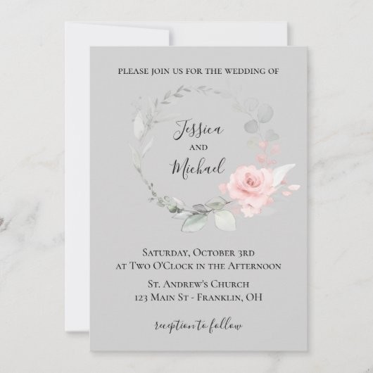 Blush et Grey Faire-part de mariage - Rose Wreath (Devant)
