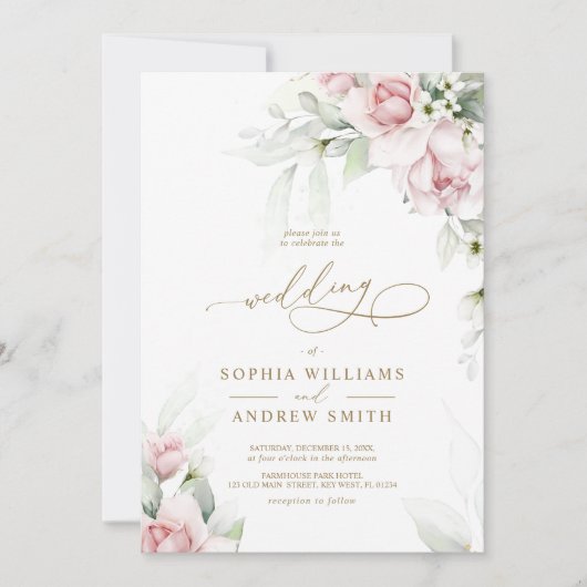 Blush & Eucalyptus Bloemen bruiloft uitnodiging (Voorkant)