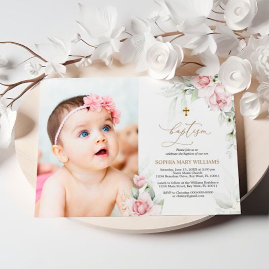 Blush & Eucalyptus Photo Baptême Invitation