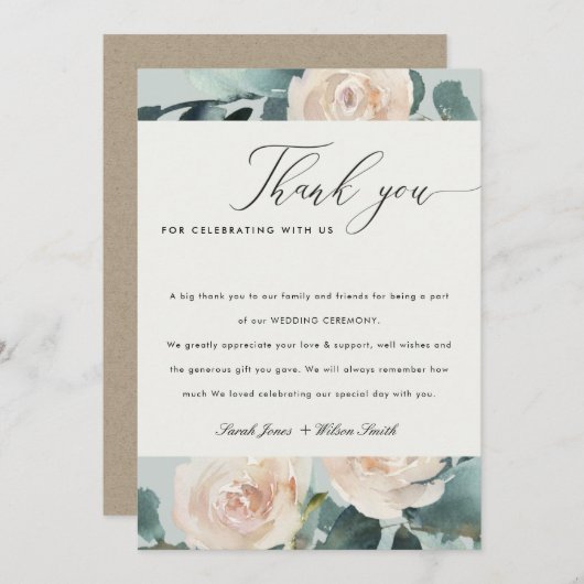 Blush Eucalyptus Roos Kraft Gray Wedding Bedankkaart (Voorkant / Achterkant)