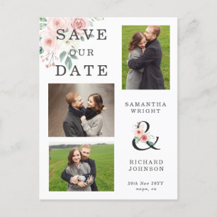 Blush Floral 3 Foto Bruiloft Save the Date Uitnodiging Briefkaart