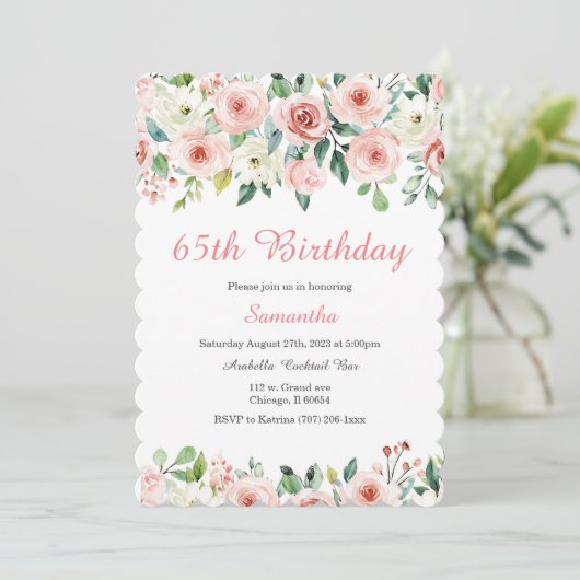 Blush Floral 65e anniversaire Invitation (Debout devant)