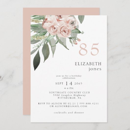 Blush Floral 85E Invitation de fête d'anniversaire (Devant / Derrière)