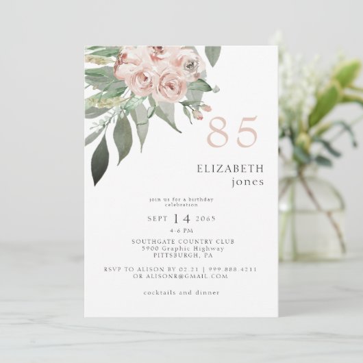 Blush Floral 85TH Verjaardagsfeestuitnodiging Kaart (Staand voorkant)
