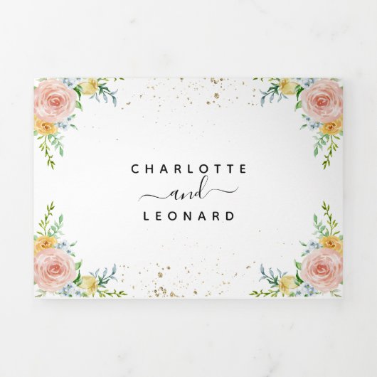 Blush Floral and gold Wedding Drieluik Uitnodiging (Cover)