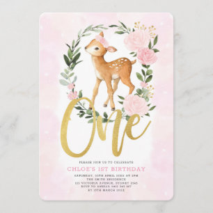 Blush Floral Baby Deer Fawn Girl 1ste verjaardag Kaart