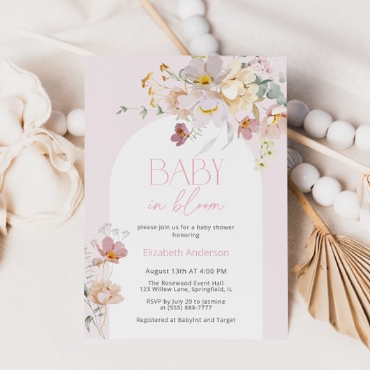 Blush Floral Baby in Bloom Baby shower Invitation Kaart