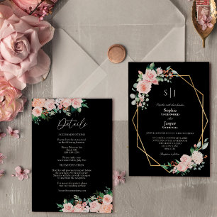 Blush Floral Black Simple Monogram Details bruilof Kaart