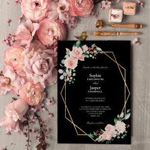 Blush Floral Black Simple Wedding Kaart