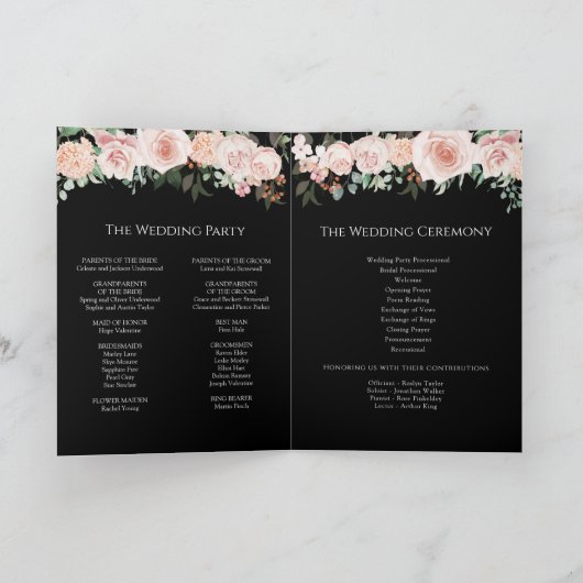 Blush Floral Black Wedding Folded Program Programma (Binnen)