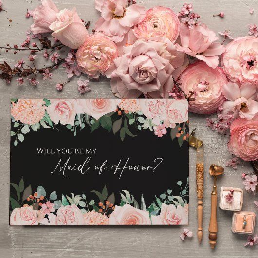 Blush Floral Black Wedding Maid of Honor proposal Kaart