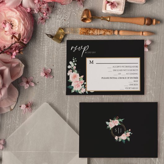 Blush Floral Black Wedding Menu RSVP-kaart