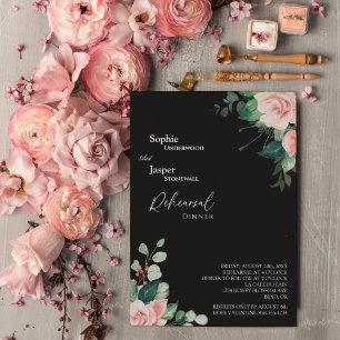 Blush Floral Black Wedding Rehearsal Dinner Kaart