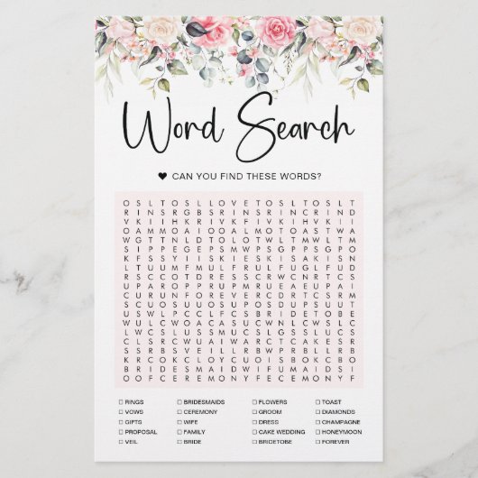 Blush Floral | Bridal Word Search Game Kaart (Voorkant)