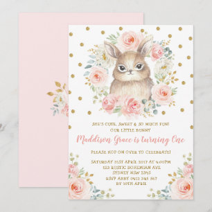 Blush Floral Bunny Rabbit 1st Birthday Pink Gold Kaart