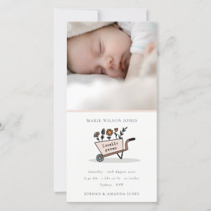 Blush Floral Cart Foto Baby geboorteaankondiging Bedankkaart