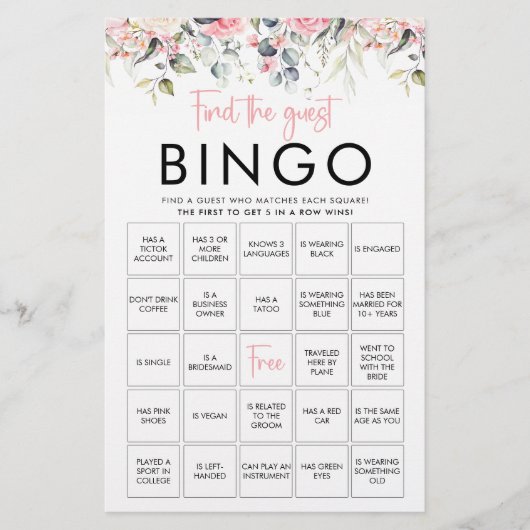 Blush Floral | Carte de jeu de Bingo pour invité(e (Devant)