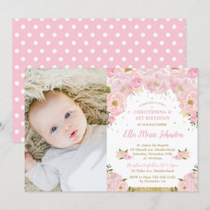 Blush Floral Christening 1e verjaardag Foto Kaart