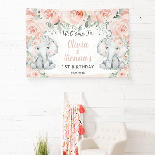 Blush Floral Cute Elephant Twins Birthday Backdrop Spandoek (Insitu)
