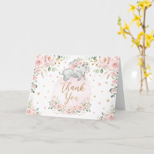 blush Floral Elephant Baby shower Dank u Kaart (Gele Bloem)