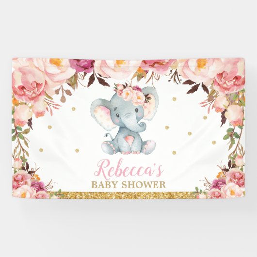 Blush Floral Elephant Baby shower Party Backdrop Spandoek (Horizontaal)