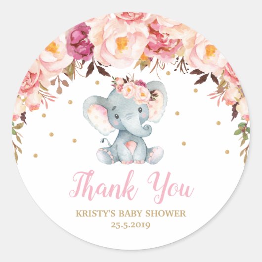 Blush Floral Elephant Baby shower Verjaardagsgunst Ronde Sticker (Voorkant)