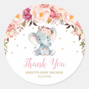 Blush Floral Elephant Baby shower Verjaardagsgunst Ronde Sticker