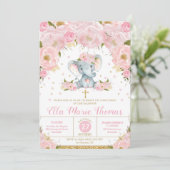 Blush Floral Elephant Baptême Invitations Fille (Debout devant)