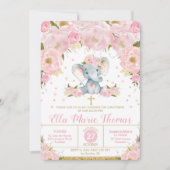 Blush Floral Elephant Baptême Invitations Fille (Devant)