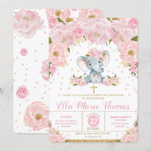 Blush Floral Elephant Baptisme Invitation Girl Kaart