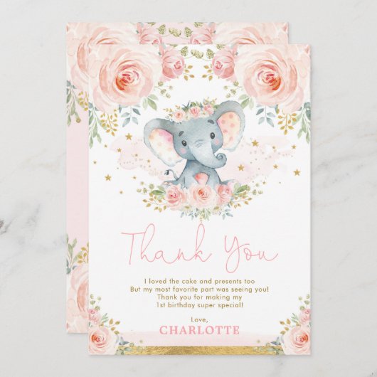 Blush Floral Elephant Birthday Hartelijk dank Kaart (Voorkant / Achterkant)