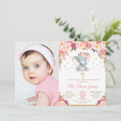 Blush Floral Elephant doop foto Kaart (Staand voorkant)