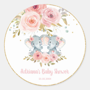Blush Floral Elephant Twins Baby Girl Shower Favor Ronde Sticker