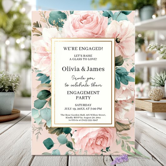 Blush Floral Engagement Party Kaart
