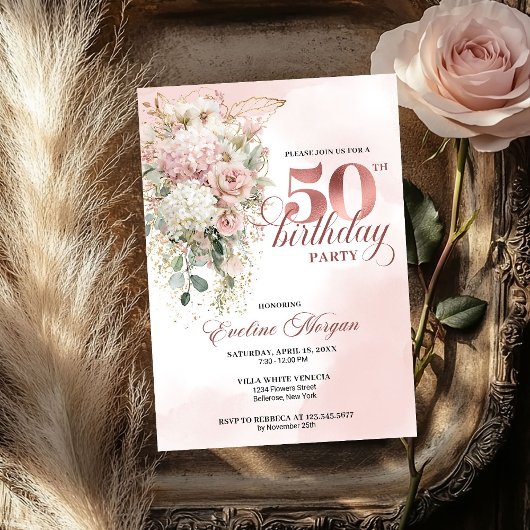 Blush Floral Eucalyptus Rose Gold 50th Birthday  Kaart