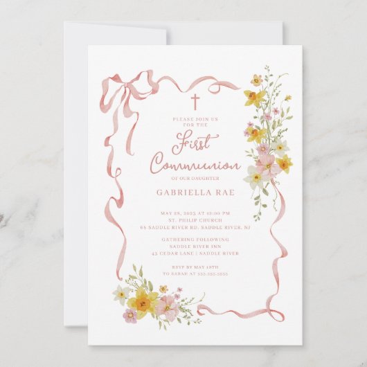 Blush Floral First Communion Invitation (Devant)