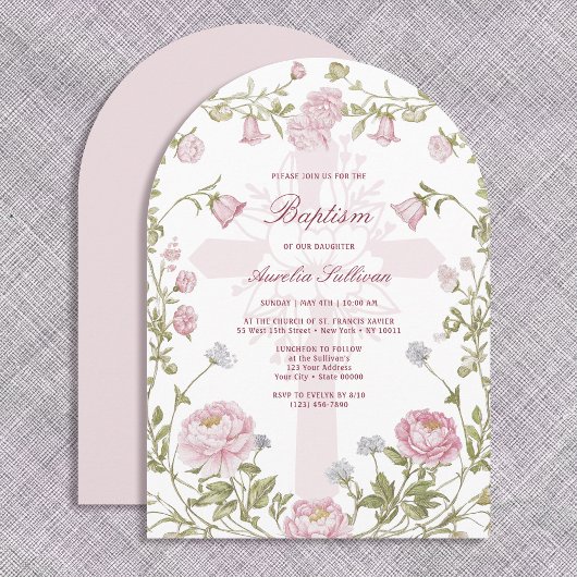 Blush Floral Frame Holy Cross Baptism Invitation