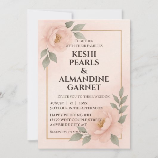 Blush Floral Frame Wedding Invitation Kaart (Voorkant)