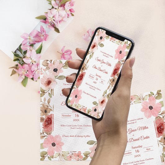 Blush Floral Garden Border Wedding Invitation