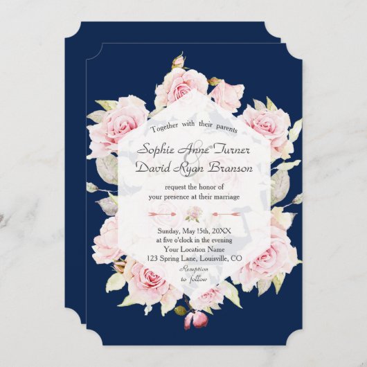  Blush Floral Geometric Navy Blue Wedding Kaart (Voorkant / Achterkant)