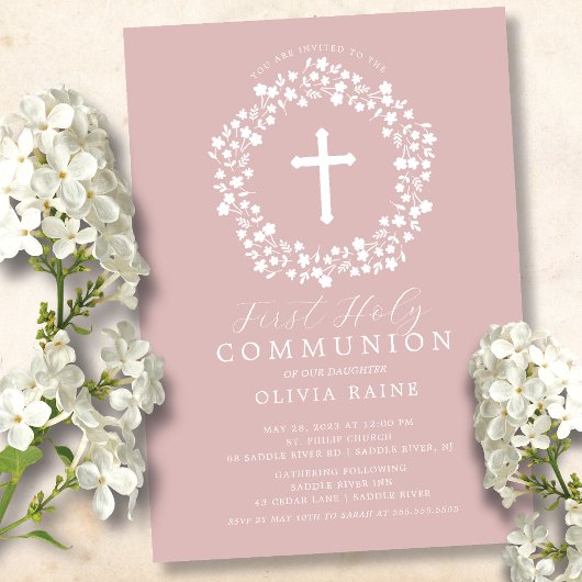 Blush Floral Girls First Communitation Invitation Kaart