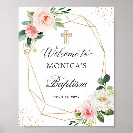 Blush Floral Gold Geometric Baptism Welkomstteken Poster (Voorkant)