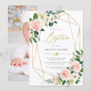 Blush Floral & Gold Lijst Photo Baptisme Invitatio Kaart