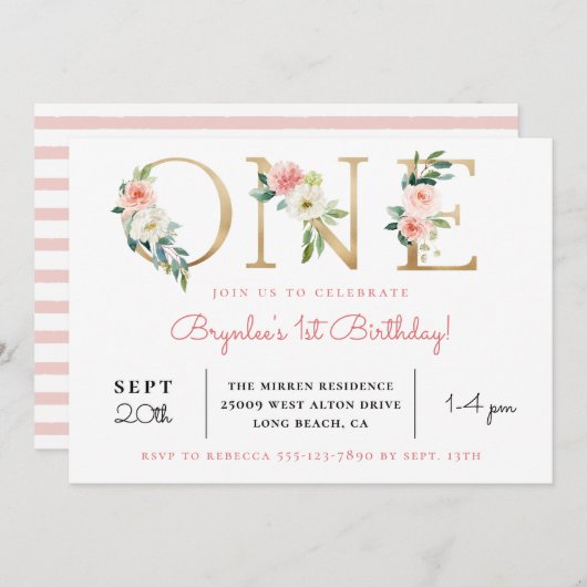 Blush Floral Golden ONE | 1e uitnodiging van de da (Voorkant / Achterkant)