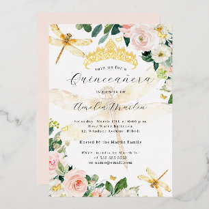 Blush Floral Goud Dragonfly Quinceanera Folie Uitnodiging